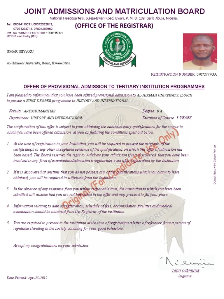 What Does JAMB Admission Letter Look Like